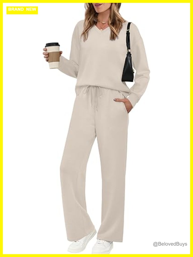 V Neck 2 Piece Lounge Set With Wide Leg Pants Matching Sweatsuit